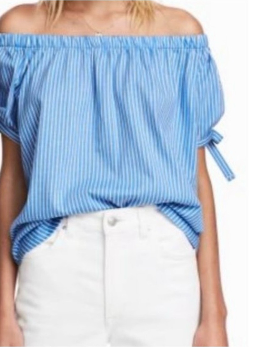 H&M Blue White Striped Off Shoulder Tie Sleeve Blouse XL